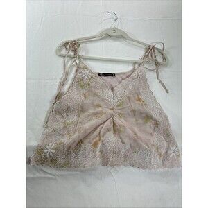 Zara Pink Floral Lace Top • Spaghetti Strap Tie Shoulders • Open Sides V‑Neck